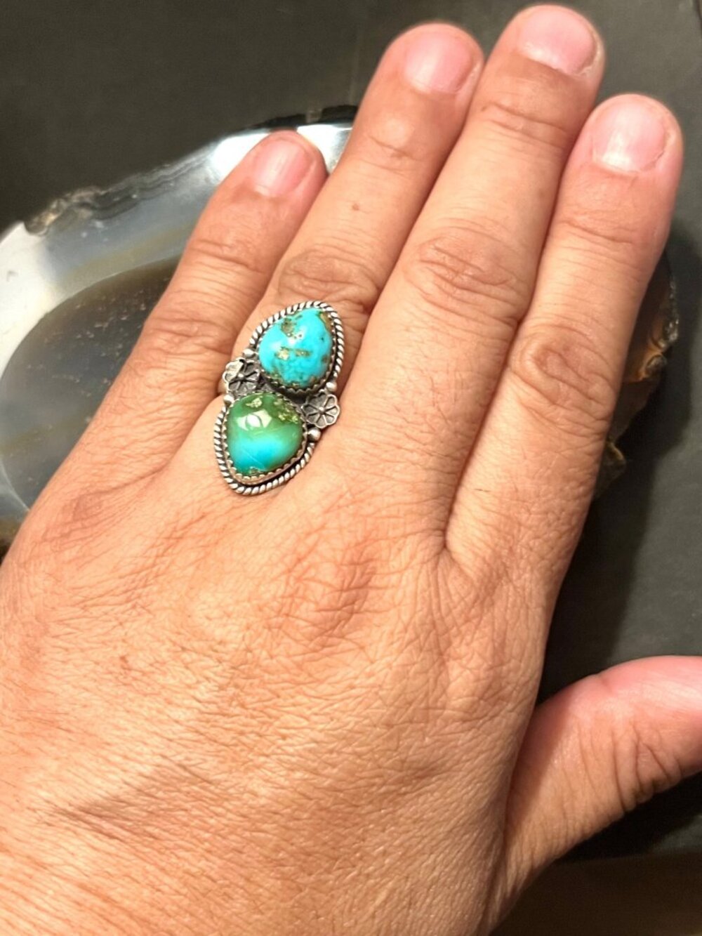 Sonoran Mountain Sterling Silver Ring With Dual Turquoise Stones Size 7 1/2